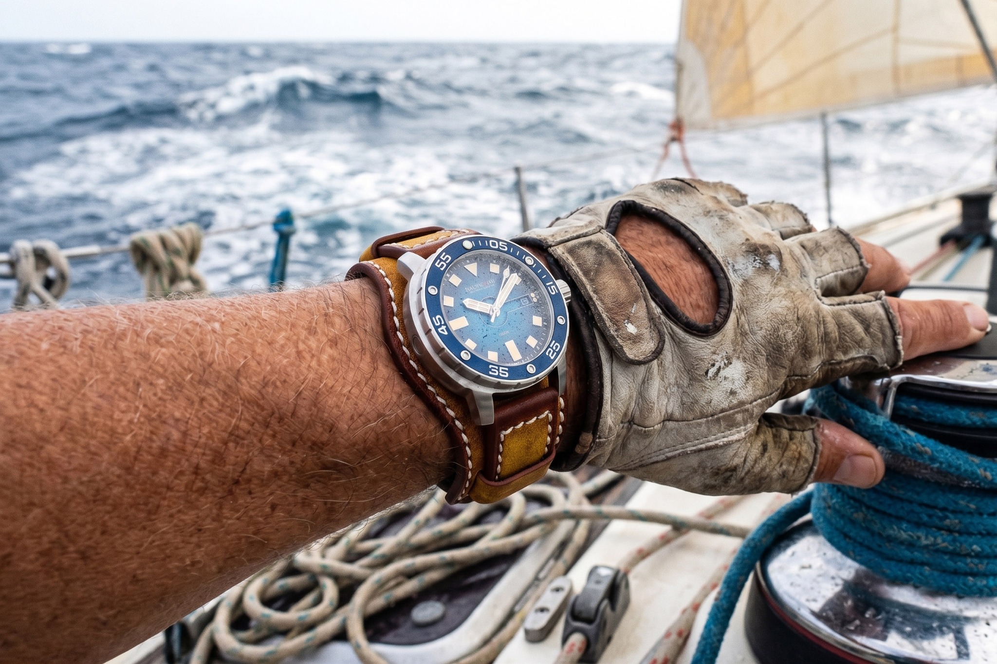 Blaue NauticFish Uhr auf einem Segelboot