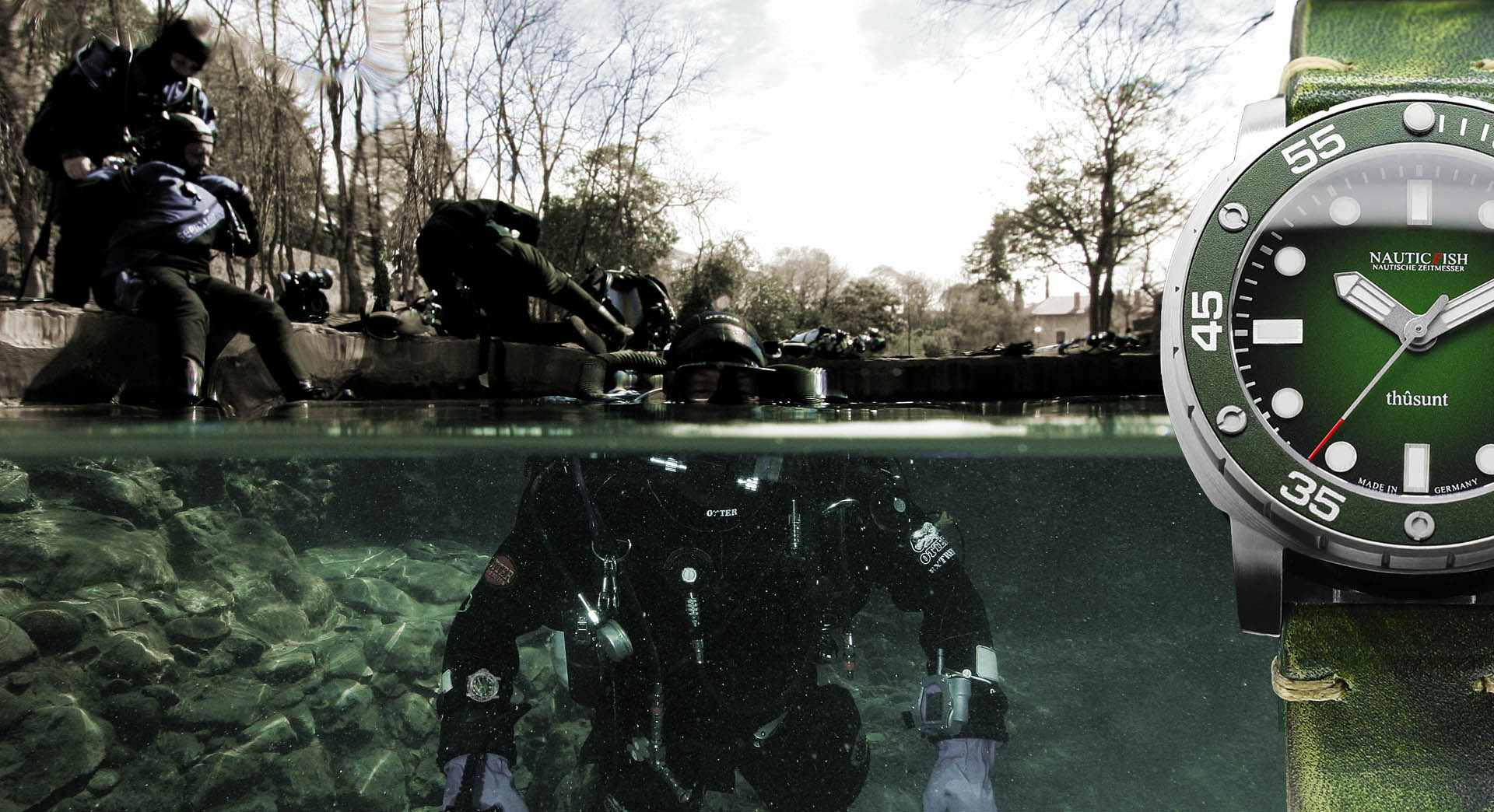 Taucher am Wasser mit NauticFish Uhr